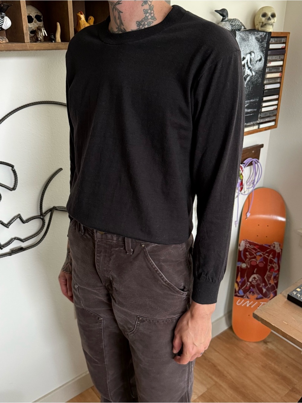 Vintage 70s 80s Deadstock Blank Black Cotton Long Sleeve Tee ~ Size Small - Picture 2 of 10